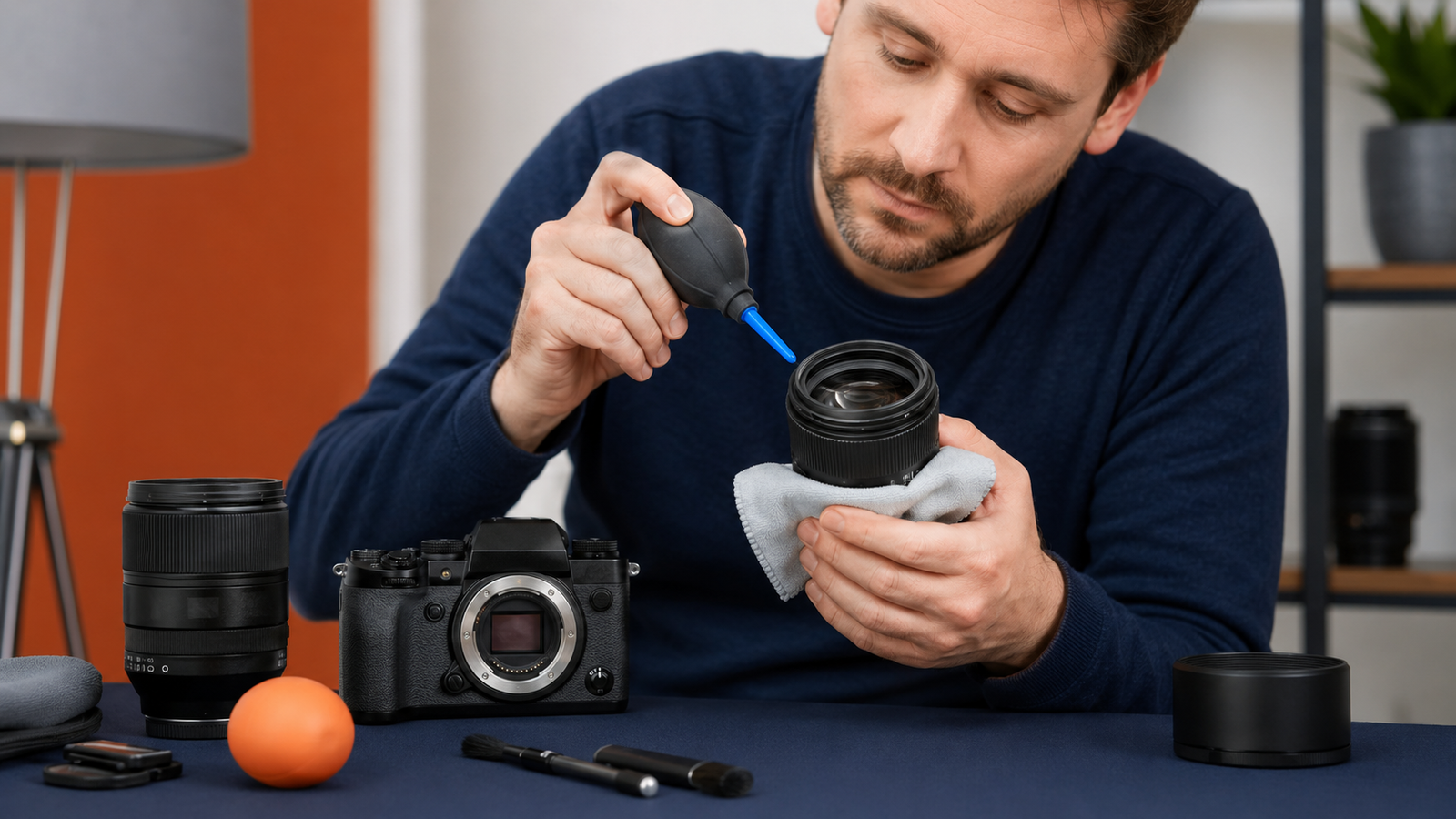 Photographer cleaning and comparing lenses during a blur test