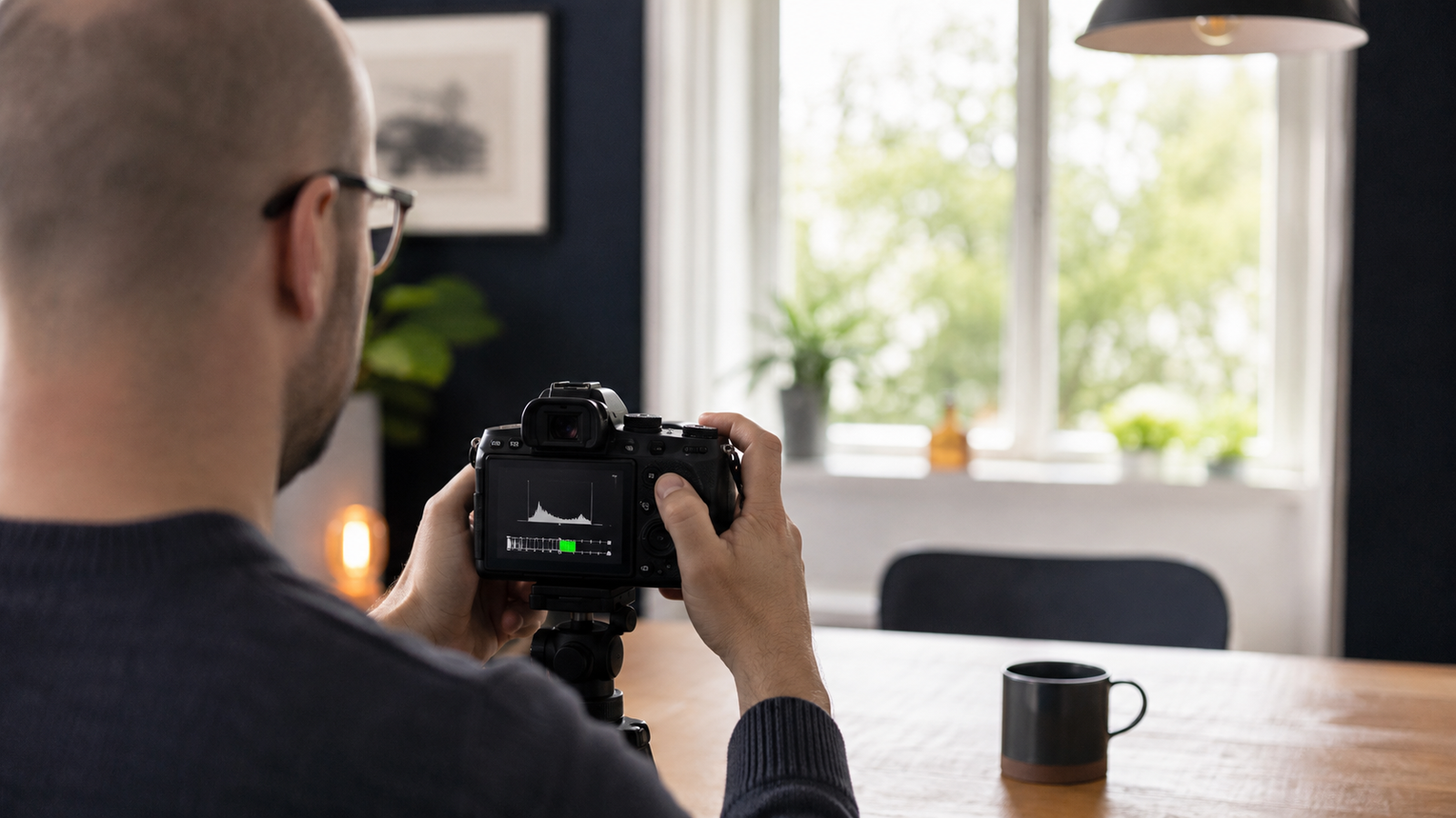Beginner checking the exposure meter and histogram on a camera
