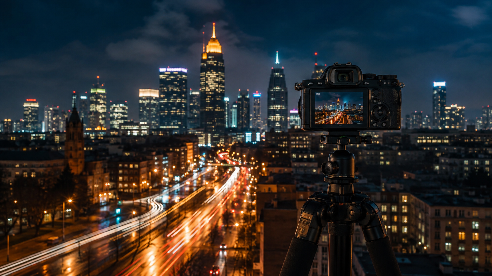 Night city photography setup with camera on tripod
