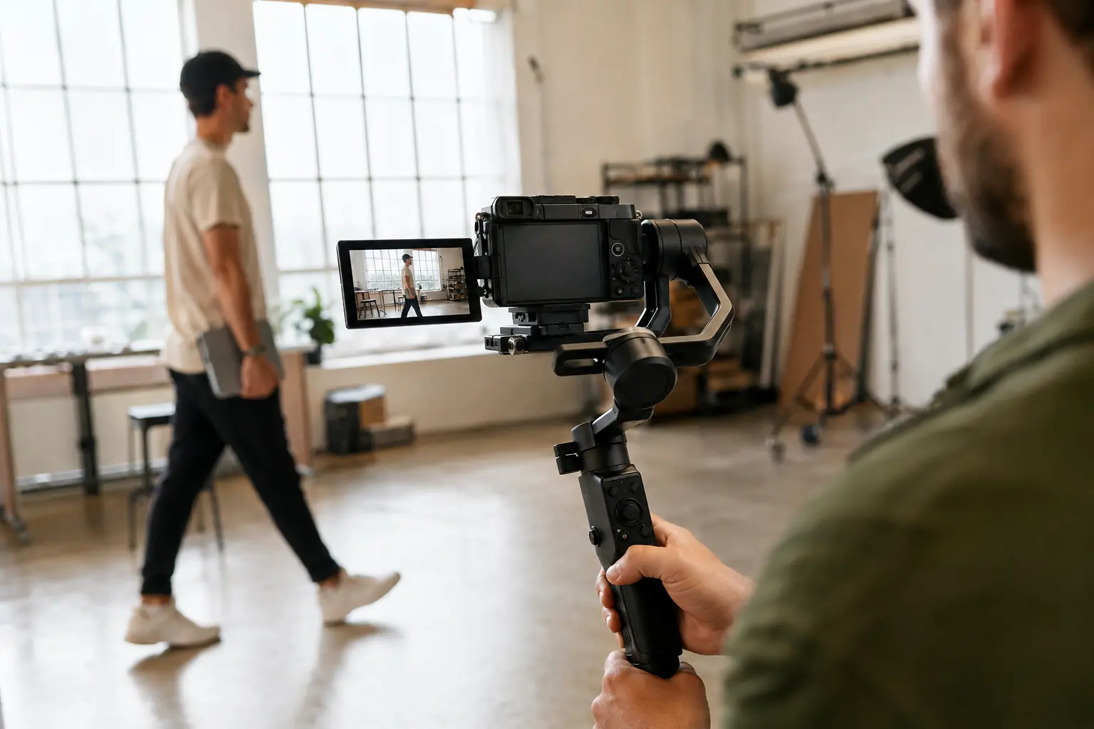 Mirrorless camera on a gimbal filming a moving subject